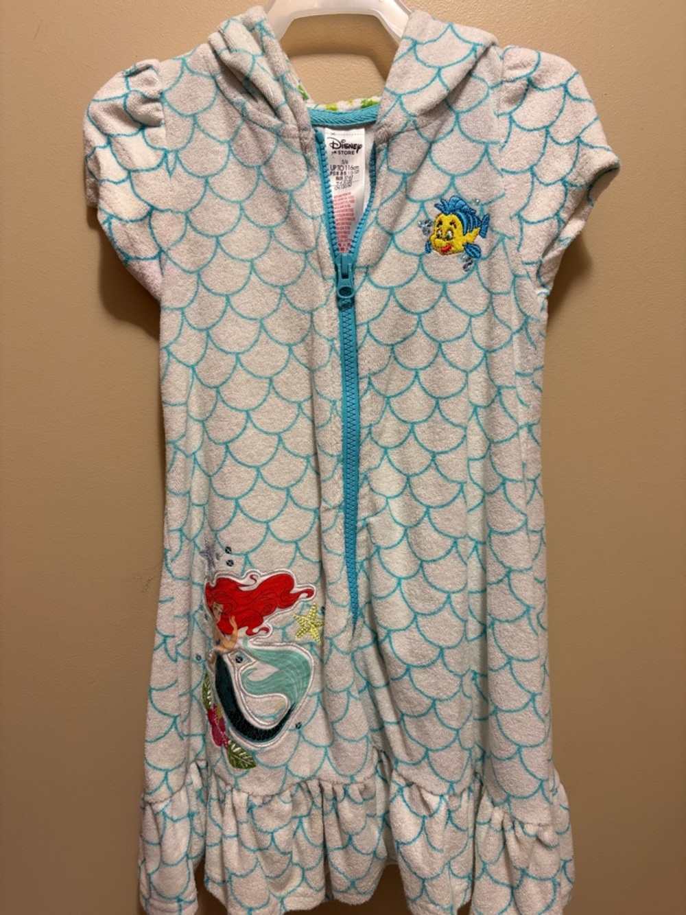 Disney Aqua and White Ariel Hooded Terry Dress with Flounder Patch